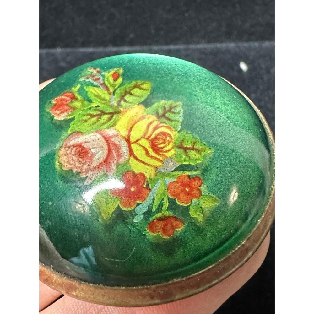 Vintage Hand Painted Floral Glass Brooch Green Domed Rose Pin MCM Antique - Picture 9 of 12